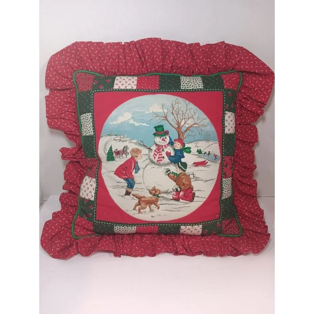 Vintage Handmade Ruffle Christmas Pillow Kitschy Quilted Square Snowman